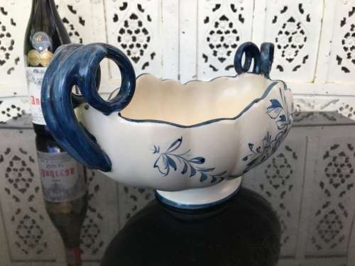 Large Portugal Marked Capodimonte Style Footed & Double Handle Porcelain /Center Piece Fruit Dish