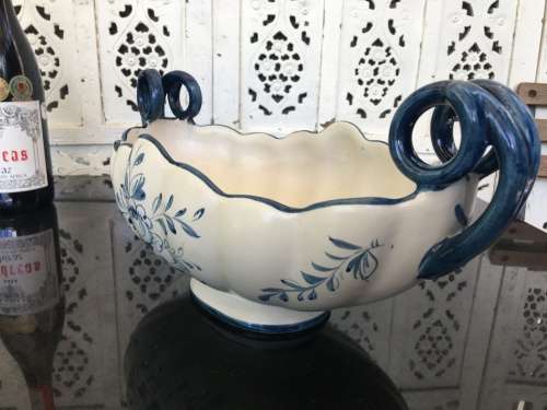 Large Portugal Marked Capodimonte Style Footed & Double Handle Porcelain /Center Piece Fruit Dish