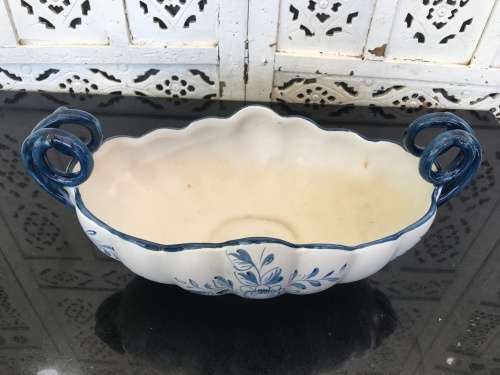 Large Portugal Marked Capodimonte Style Footed & Double Handle Porcelain /Center Piece Fruit Dish