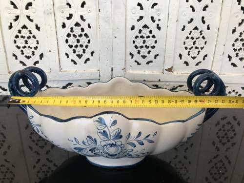 Large Portugal Marked Capodimonte Style Footed & Double Handle Porcelain /Center Piece Fruit Dish