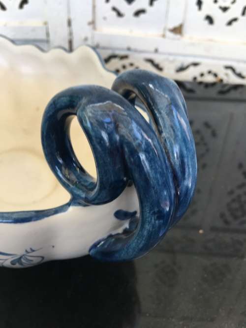 Large Portugal Marked Capodimonte Style Footed & Double Handle Porcelain /Center Piece Fruit Dish