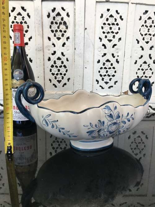 Large Portugal Marked Capodimonte Style Footed & Double Handle Porcelain /Center Piece Fruit Dish