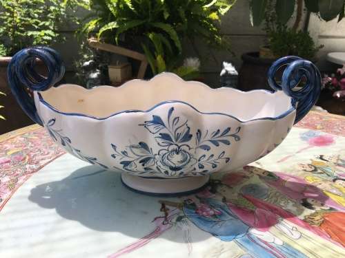 Large Portugal Marked Capodimonte Style Footed & Double Handle Porcelain /Center Piece Fruit Dish