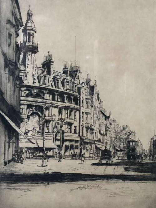 TOM MAXWELL (1874 - 1937) SCOTTISH ARTIST - FRAMED ETCHING TITLED "CHARING CROSS" SIGNED IN PENCIL