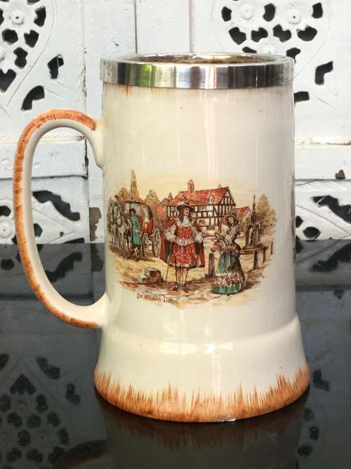 Victorian Scene "The Olden Days" Lancaster & Sandland  Beer Jug Yeoman EPNS  protect band