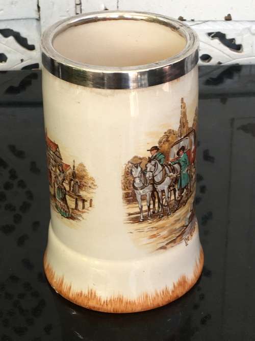 Victorian Scene "The Olden Days" Lancaster & Sandland  Beer Jug Yeoman EPNS  protect band