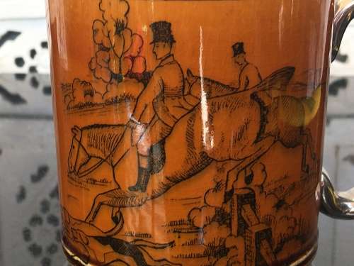 Arthur Wood Tankard "Ye Olde Coaching Days" England High Gloss Porcelain with Silver Gilt