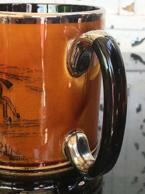 Arthur Wood Tankard "Ye Olde Coaching Days" England High Gloss Porcelain with Silver Gilt