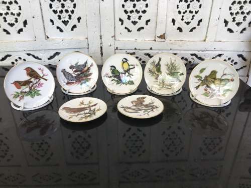 Vintage Collection of 9 Coalport Bone China England 9 cm Bird Series Plates with stands