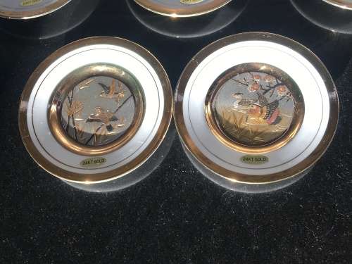"The Art of Chokin" c1970s Japan 24K Gold Edged Collection of 8 Rare Birds Porcelain 9cm Plates