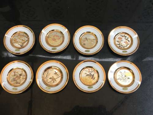 "The Art of Chokin" c1970s Japan 24K Gold Edged Collection of 8 Rare Birds Porcelain 9cm Plates