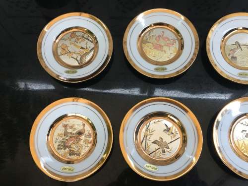 "The Art of Chokin" c1970s Japan 24K Gold Edged Collection of 8 Rare Birds Porcelain 9cm Plates