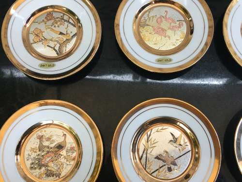 "The Art of Chokin" c1970s Japan 24K Gold Edged Collection of 8 Rare Birds Porcelain 9cm Plates