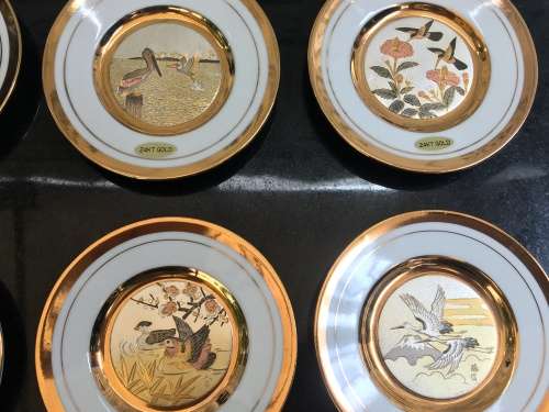 "The Art of Chokin" c1970s Japan 24K Gold Edged Collection of 8 Rare Birds Porcelain 9cm Plates