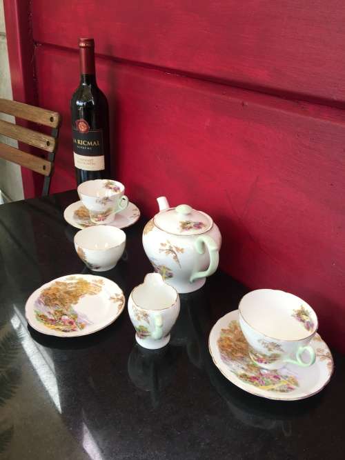 A Delightful Shelley Heather Porcelain Part Tea Set.  Tea For Two with Teapot Sugar & Creamer