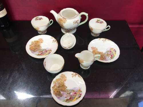 A Delightful Shelley Heather Porcelain Part Tea Set.  Tea For Two with Teapot Sugar & Creamer