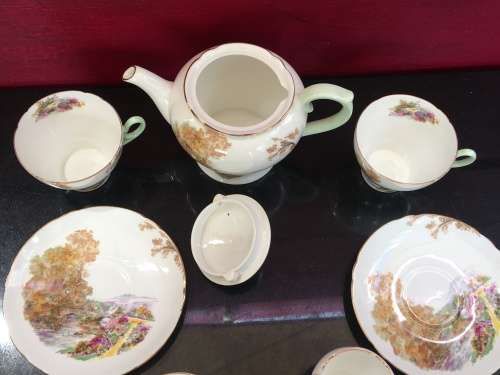 A Delightful Shelley Heather Porcelain Part Tea Set.  Tea For Two with Teapot Sugar & Creamer