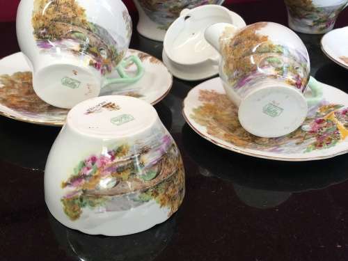 A Delightful Shelley Heather Porcelain Part Tea Set.  Tea For Two with Teapot Sugar & Creamer
