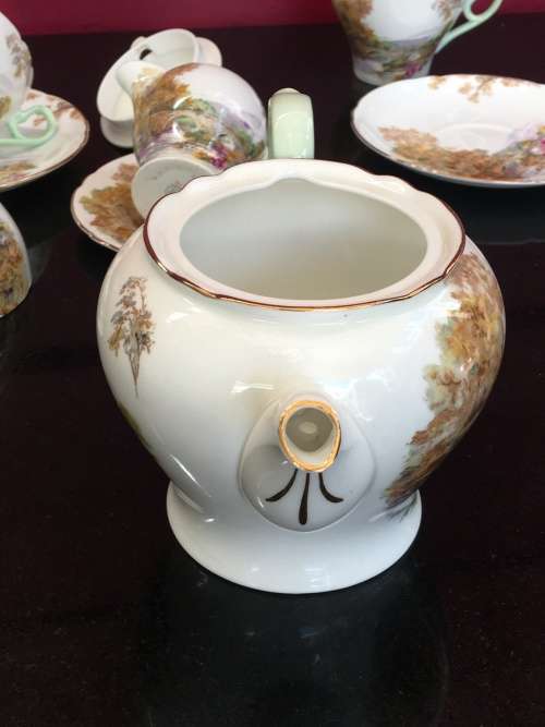 A Delightful Shelley Heather Porcelain Part Tea Set.  Tea For Two with Teapot Sugar & Creamer