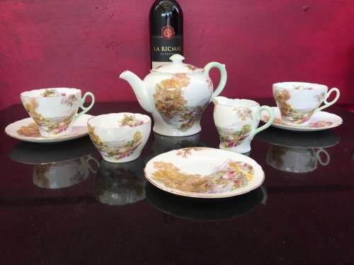 A Delightful Shelley Heather Porcelain Part Tea Set.  Tea For Two with Teapot Sugar & Creamer