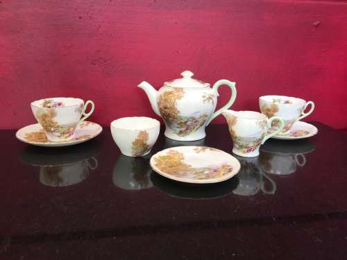 A Delightful Shelley Heather Porcelain Part Tea Set.  Tea For Two with Teapot Sugar & Creamer