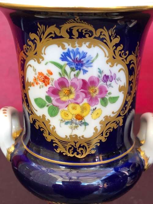 Pair of Antique Meissen Porcelain Campagna Urn Vase Cobalt Blue - Hand Painted Floral Decoration