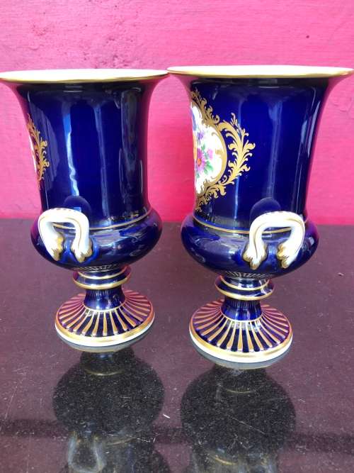 Pair of Antique Meissen Porcelain Campagna Urn Vase Cobalt Blue - Hand Painted Floral Decoration