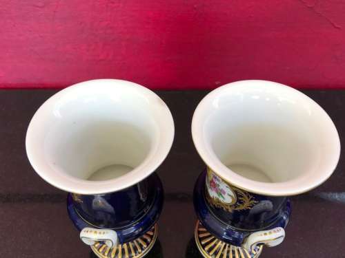 Pair of Antique Meissen Porcelain Campagna Urn Vase Cobalt Blue - Hand Painted Floral Decoration
