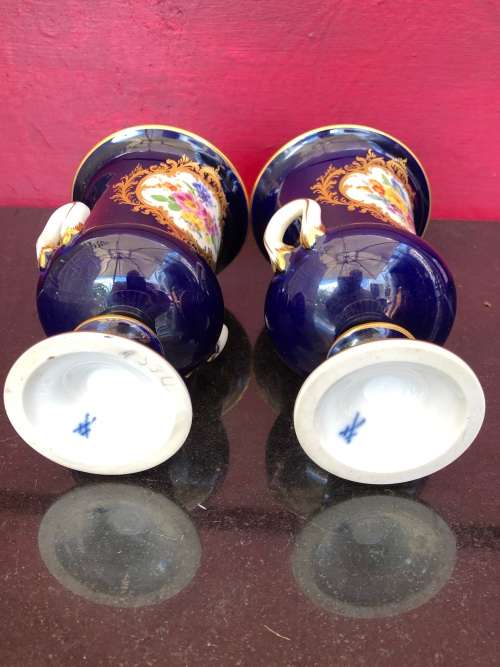Pair of Antique Meissen Porcelain Campagna Urn Vase Cobalt Blue - Hand Painted Floral Decoration