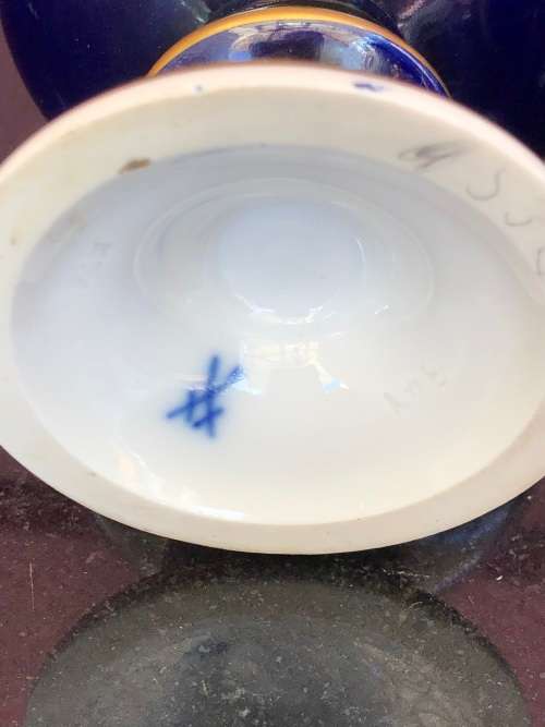 Pair of Antique Meissen Porcelain Campagna Urn Vase Cobalt Blue - Hand Painted Floral Decoration