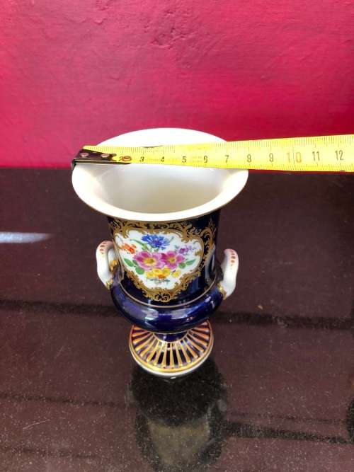 Pair of Antique Meissen Porcelain Campagna Urn Vase Cobalt Blue - Hand Painted Floral Decoration