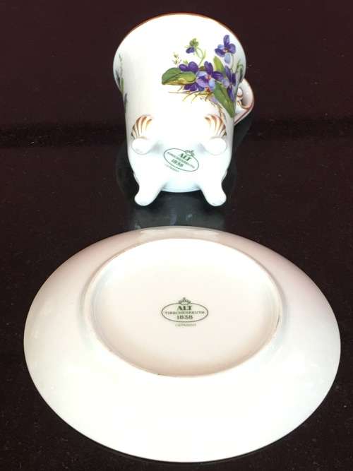 Rare Old Alt Tirschenreuth China 1838 Germany 4 footed Demitasse Coffee Cup and Saucer,