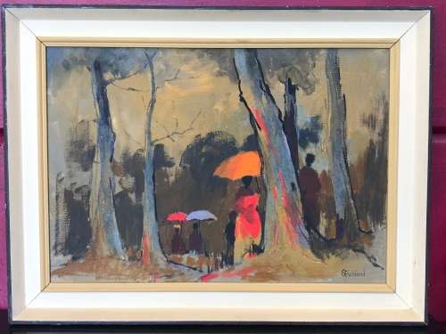 ANTHONY STRICKLAND (SA 1920 - 2000) - STUNNING OIL AND PASTEL ON CANVAS - LADIES WITH UMBRELLA'S