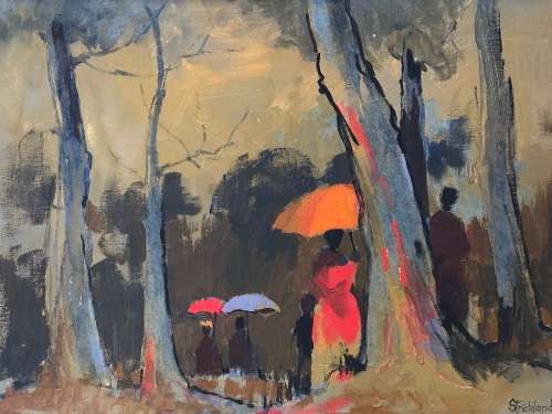 ANTHONY STRICKLAND (SA 1920 - 2000) - STUNNING OIL AND PASTEL ON CANVAS - LADIES WITH UMBRELLA'S