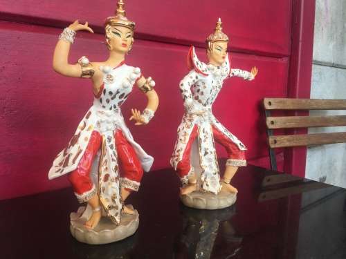Beautiful Vintage 1940s Porcelain  Eastern Dancing Red & White  & Gold Figurines By Kathi Urback