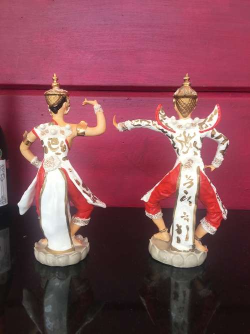 Beautiful Vintage 1940s Porcelain  Eastern Dancing Red & White  & Gold Figurines By Kathi Urback
