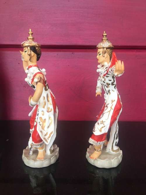 Beautiful Vintage 1940s Porcelain  Eastern Dancing Red & White  & Gold Figurines By Kathi Urback