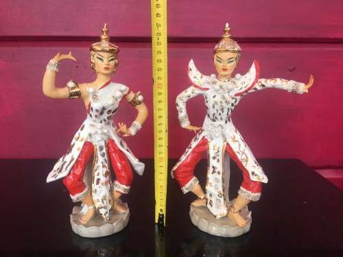 Beautiful Vintage 1940s Porcelain  Eastern Dancing Red & White  & Gold Figurines By Kathi Urback