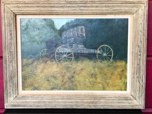 JOHN PAULUS SEMPLE (USA 1930 - 2015) STUNNING OIL ON MASONITE BOARD TITLED "POMFRET WAGONS" DATED 71