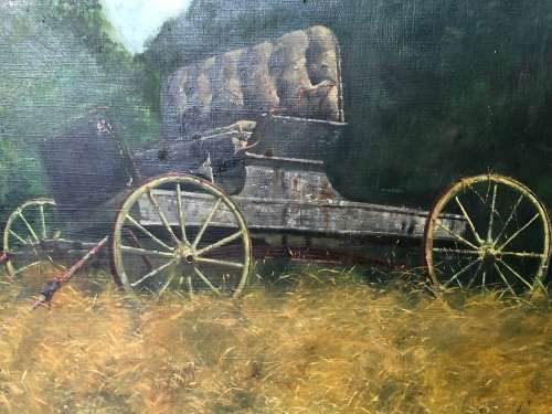 JOHN PAULUS SEMPLE (USA 1930 - 2015) STUNNING OIL ON MASONITE BOARD TITLED "POMFRET WAGONS" DATED 71