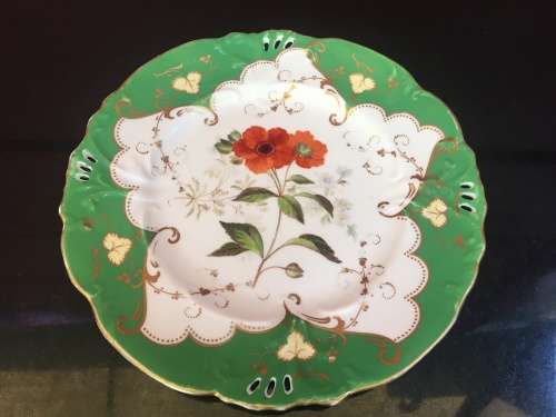 Antique Hand Painted Green & Gold Gilt Plate with Hand Painted Poppy