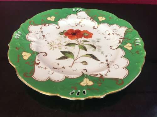 Antique Hand Painted Green & Gold Gilt Plate with Hand Painted Poppy