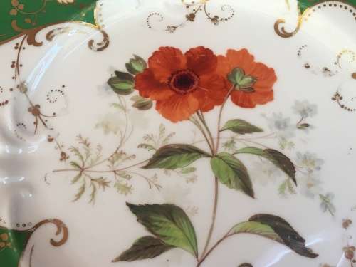 Antique Hand Painted Green & Gold Gilt Plate with Hand Painted Poppy