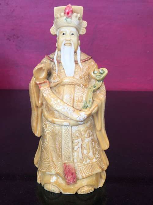 Vintage Hand Carved Chinese Resin Emperor Figurine, Scrimshaw engraved With Markings on Base