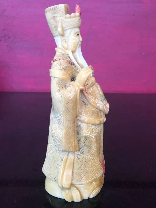 Vintage Hand Carved Chinese Resin Emperor Figurine, Scrimshaw engraved With Markings on Base