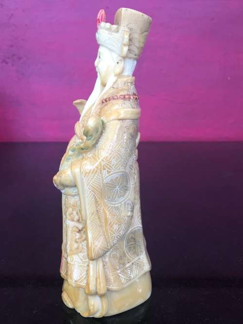 Vintage Hand Carved Chinese Resin Emperor Figurine, Scrimshaw engraved With Markings on Base