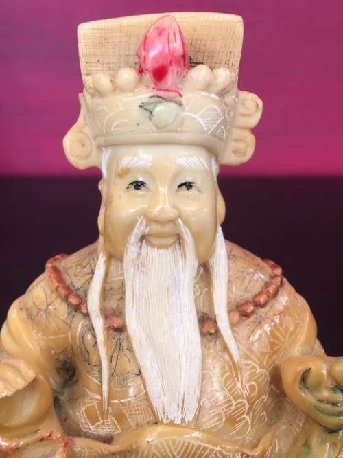 Vintage Hand Carved Chinese Resin Emperor Figurine, Scrimshaw engraved With Markings on Base