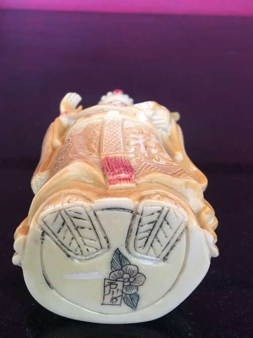 Vintage Hand Carved Chinese Resin Emperor Figurine, Scrimshaw engraved With Markings on Base