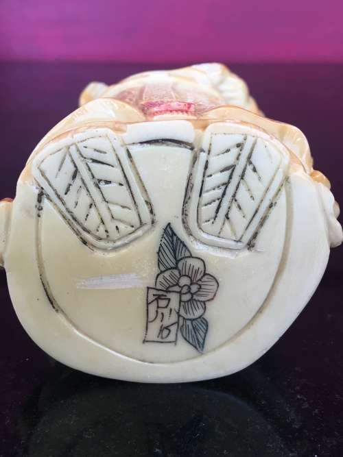 Vintage Hand Carved Chinese Resin Emperor Figurine, Scrimshaw engraved With Markings on Base