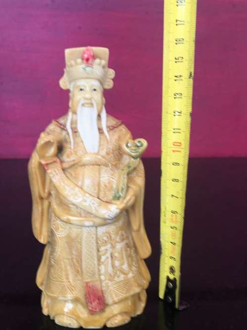 Vintage Hand Carved Chinese Resin Emperor Figurine, Scrimshaw engraved With Markings on Base